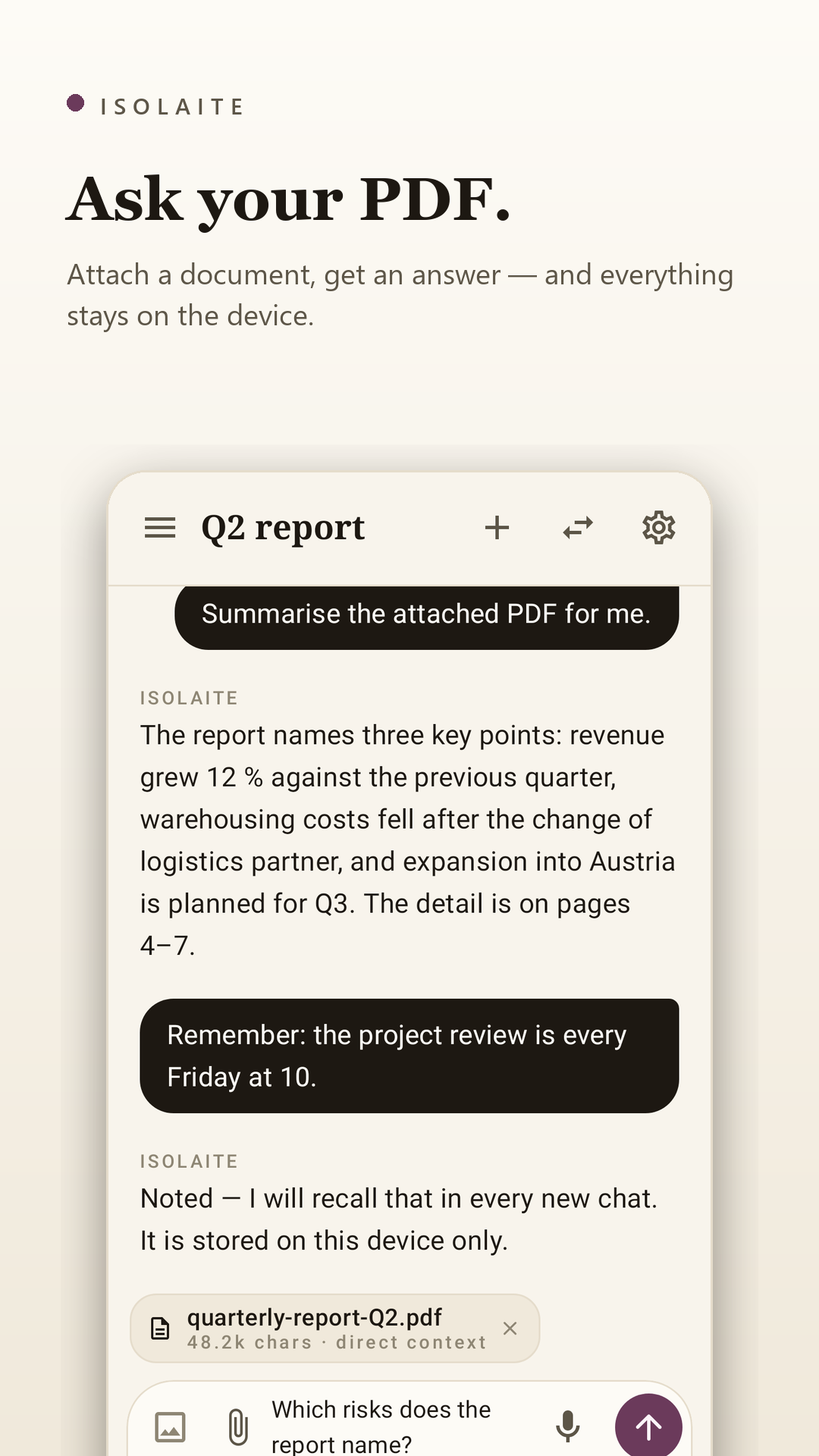 A chat with an attached PDF, answered locally